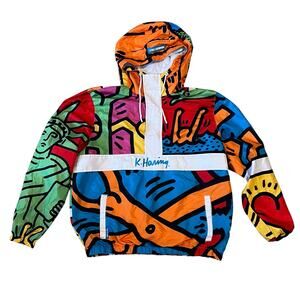 Keith Haring + Members Only Multi-Color 1/2 Zip Hooded Pullover Windbreaker L
